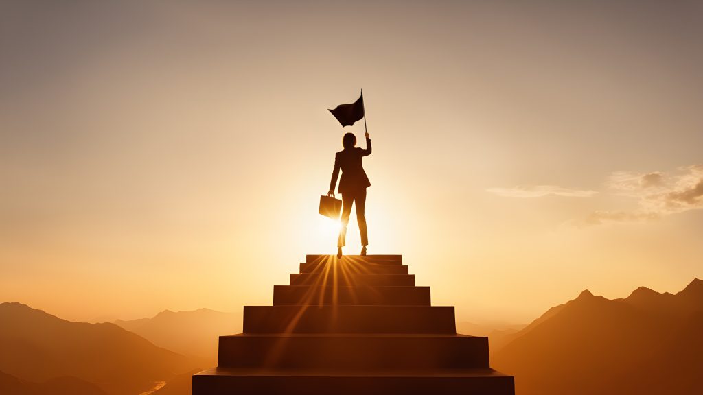 Silhouette businesswoman holding flag and rise it up standing on